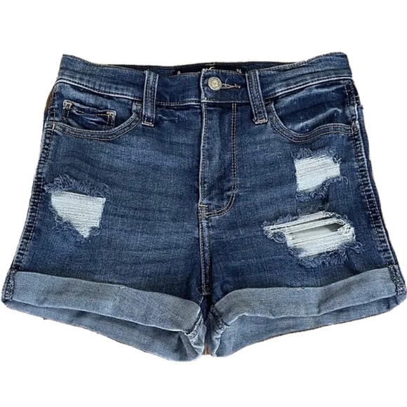 ❤️ HOLLISTER High-Rise Ripped Dark-Wash 3” Denim Short w/ Double Roll Cuff, Sz 0 - Picture 1 of 7